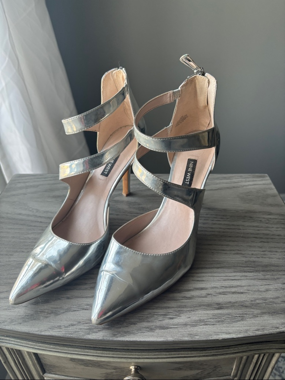 Nine West Metallic Silver Strappy Pointed-Toe Heels